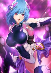 Rule 34 | 1girl, armband, blue hair, breasts, commentary request, covered erect nipples, elbow gloves, fighting stance, gloves, hair ornament, highres, large breasts, leotard, onigirikun, original, red eyes, short hair, skindentation, thighhighs
