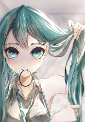 Rule 34 | 1girl, absurdres, aqua eyes, aqua hair, bare shoulders, blush, breasts, hair tie in mouth, hatsune miku, highres, long hair, looking at viewer, mouth hold, necktie, ramika (ramika0606), sleeveless, small breasts, smile, solo, vocaloid