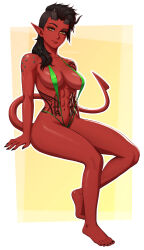 Rule 34 | 1girl, abs, arm tattoo, baldur&#039;s gate, baldur&#039;s gate 3, barefoot, bikini, black hair, black nails, breasts, broken horns, colored skin, dungeons &amp; dragons, freckles, full body, highres, invisible chair, karlach, long hair, looking at viewer, mangho, medium breasts, navel, pointy ears, red skin, sitting, solo, stomach tattoo, string bikini, swimsuit, tail, tattoo, toned, watermark, web address, yellow background, yellow eyes