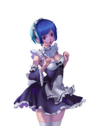Rule 34 | 10s, 1girl, absurdres, apron, arms up, black bow, black dress, black hairband, black sleeves, blue hair, bow, breasts, cleavage, collar, detached collar, detached sleeves, dress, frilled apron, frilled collar, frilled dress, frilled sleeves, frills, hairband, highres, lace-trimmed sleeves, lace trim, large breasts, legs together, looking at viewer, maid, maid headdress, open mouth, parted lips, purple eyes, re:zero kara hajimeru isekai seikatsu, rem (re:zero), ribbon-trimmed clothes, ribbon trim, short hair, simple background, solo, standing, thighhighs, thighs, underbust, white apron, white background, white collar, white thighhighs, y xun, zettai ryouiki