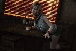 Rule 34 | 1girl, 3d, arm support, artist request, breasts, full body, heather mason, highres, jacket, lips, looking at viewer, medium breasts, short hair, silent hill, silent hill (series), silent hill 3, skirt, sleeveless, sleeveless turtleneck, solo, turtleneck, vest, wristband