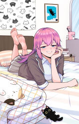 1girl barefoot bed beifeng_han blue_eyes blush feet grin highres long_hair looking_at_viewer lying on_bed on_stomach original pink_hair smile soles the_pose toes