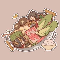 1boy 1girl :d ahoge arms_behind_back brown_eyes brown_hair chibi chibi_only closed_eyes food highres hoshi_take33 husband_and_wife in_food light_brown_background looking_at_viewer open_mouth oversized_food oversized_object sengoku_musou short_hair simple_background smile tachibana_ginchiyo_(sengoku_musou) tachibana_muneshige_(sengoku_musou)