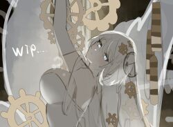Rule 34 | 1girl, arms up, breasts, bridal veil, clock, clock print, dress, e.g.o (project moon), faust (project moon), gears, gloves, head tilt, large breasts, limbus company, looking at viewer, medium hair, multicolored background, project moon, single bare shoulder, solo, tori (pippikasu), unfinished, veil, wedding dress, white dress, white gloves, white hair