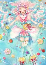 Rule 34 | 1girl, aqua bow, back bow, bow, cheerful style, closed eyes, clover earrings, cure yell, cure yell (cheerful style), double bun, dress, facing viewer, flower, frills, full body, hair bow, hair bun, happy, highres, hugtto! precure, layered dress, long hair, lying, multicolored bow, nono hana, on back, open mouth, outstretched arms, partially submerged, pink dress, pink hair, pleated dress, pouch, precure, puffy sleeves, see-through, see-through sleeves, shoes, short dress, smile, solo, spread arms, thighhighs, water, white thighhighs, wrist cuffs, yuki inu, zettai ryouiki
