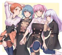 Rule 34 | 4girls, bad id, bad twitter id, blue hair, blue pantyhose, blue socks, blue thighhighs, blunt bangs, braid, closed mouth, crown braid, eyes visible through hair, female focus, fire emblem, fire emblem: three houses, from side, garreg mach monastery uniform, girl sandwich, highres, hilda valentine goneril, holding hands, jewelry, kneehighs, leonie pinelli, long hair, long sleeves, looking to the side, lysithea von ordelia, marianne von edmund, matching hair/eyes, multiple girls, necklace, nintendo, orange eyes, orange hair, pantyhose, parted lips, pink eyes, pink hair, sandwiched, short hair, short sleeves, simple background, sleeves rolled up, socks, thighhighs, twintails, ufufup, uniform, white hair, yellow background