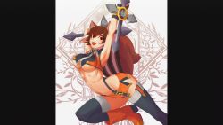 Rule 34 | 1girl, animal ears, arc system works, arched back, blazblue, blazblue: continuum shift, boots, breasts, brown eyes, brown hair, dual wielding, holding, large breasts, makoto nanaya, microskirt, official art, orange skirt, revealing clothes, screencap, skirt, solo, squirrel ears, squirrel tail, tail, thighhighs, tonfa, underboob, weapon