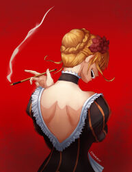 Rule 34 | 1girl, backless outfit, beatrice (umineko), black collar, blonde hair, collar, evil grin, evil smile, fin naubot, flower, from behind, grin, hair flower, hair ornament, hair over eyes, highres, holding, holding smoking pipe, kiseru, red background, red flower, signature, simple background, smile, smoking pipe, solo, teeth, umineko no naku koro ni, updo, upper teeth only