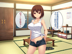 Rule 34 | 1girl, bare shoulders, bedroom, blush, breasts, brown hair, calendar, female focus, indoors, large breasts, looking at viewer, navel, red eyes, short hair, shorts, solo, standing, sweat, table, translation request, wardrobe