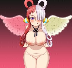 Rule 34 | 1girl, angel wings, arm support, blue eyes, blush, breasts, carlos daniel, completely nude, curvy, gradient background, hair over one eye, headphones, highres, invisible chair, large breasts, multicolored hair, navel, nipples, no pussy, nude, one piece, one piece film: red, purple eyes, red hair, shiny skin, sitting, solo, sweat, two-tone hair, uta (one piece), white hair, wide hips, wings