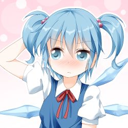 Rule 34 | 1girl, alternate hairstyle, arm behind head, blue eyes, blue hair, blush, cirno, hair bobbles, hair ornament, ice, ice wings, lowres, ribbon, ruu (tksymkw), solo, touhou, twintails, wings