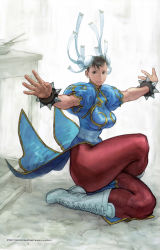 Rule 34 | 1girl, black eyes, black hair, boots, bracelet, bun cover, capcom, china dress, chinese clothes, chun-li, double bun, dress, earrings, highres, jewelry, pantyhose, pelvic curtain, solo, spiked bracelet, spikes, squatting, street fighter, thick thighs, thighs, yasuda akira