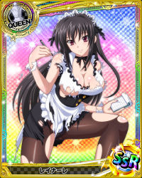 Rule 34 | 10s, 1girl, apron, black hair, black skirt, breasts, card (medium), character name, chess piece, cleavage, female focus, high school dxd, large breasts, long hair, maid headdress, official art, pantyhose, purple eyes, queen (chess), raynare, skirt, smile, solo, standing, torn clothes, torn pantyhose, trading card, underboob, very long hair, wrist cuffs