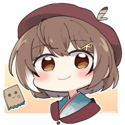 Rule 34 | 1girl, bad id, bad twitter id, beret, blush, brown eyes, brown hair, feathers, friend (nanashi mumei), gyaheung, hair ornament, hat, hololive, hololive english, japanese clothes, kimono, looking at viewer, multicolored hair, nanashi mumei, nanashi mumei (new year), red shawl, shawl, simple background, streaked hair, virtual youtuber