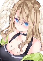 Rule 34 | 1girl, bare shoulders, black bodysuit, black jacket, blue eyes, blush, bodysuit, breasts, brown hair, cleavage, closed mouth, collarbone, eunie (xenoblade), feathered wings, hair between eyes, head wings, highres, jacket, long hair, looking at viewer, medium breasts, nanase nao, off shoulder, open clothes, open jacket, simple background, sleeveless, sleeveless bodysuit, smile, solo, upper body, white background, white wings, wings, xenoblade chronicles (series), xenoblade chronicles 3