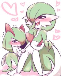 2girls bad_id bad_tumblr_id blush cleft_of_venus clothes_lift colored_skin creatures_(company) dress dress_lift fang flying_sweatdrops game_freak gardevoir gen_3_pokemon green_hair green_skin hair_over_one_eye heart heart_in_eye heart_in_mouth highres horns kirlia kneeling multicolored_skin multiple_girls negoya nintendo no_feet open_mouth pink_eyes pokemon pokemon_(creature) pussy sidelocks signature simple_background symbol_in_eye two-tone_skin uncensored white_background white_dress white_skin