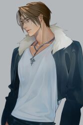 Rule 34 | 1boy, black jacket, black pants, blue eyes, brown hair, chain necklace, closed mouth, cropped jacket, earrings, final fantasy, final fantasy viii, fur-trimmed jacket, fur trim, grey background, highres, jacket, jewelry, long sleeves, looking to the side, male focus, necklace, nini tw99, pants, scar, scar on face, scar on forehead, shirt, short hair, single earring, solo, squall leonhart, upper body, white fur, white shirt