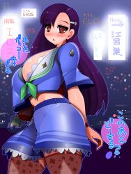 Rule 34 | 1girl, amano taiki, blush, breasts, female focus, groin, hair ornament, hairclip, highres, huge breasts, long hair, original, purple hair, red eyes, skirt, solo, standing, thick thighs, thighhighs, thighs