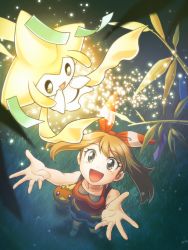 Rule 34 | 1girl, :d, arms up, bare arms, bow hairband, brown hair, collarbone, commentary request, creatures (company), eyelashes, from above, game freak, gen 3 pokemon, glowing, grass, grey eyes, hairband, jirachi, legendary pokemon, may (pokemon), mythical pokemon, nagi (exsit00), night, nintendo, open mouth, outdoors, pokemon, pokemon (creature), pokemon oras, red hairband, red shirt, shirt, sleeveless, sleeveless shirt, smile, spread fingers, tongue, torchic