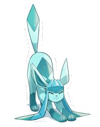 Rule 34 | closed eyes, closed mouth, creatures (company), full body, game freak, gen 4 pokemon, glaceon, long hair, nintendo, no humans, pokemon, pokemon (creature), pon (ponymmtknsk), sidelocks, smile, solo, stretching, white background