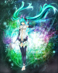 Rule 34 | 1girl, anklet, barefoot, blue eyes, blue hair, bridal gauntlets, gradient background, hatsune miku, hatsune miku (append), jewelry, long hair, matching hair/eyes, midriff, multicolored background, navel, necktie, solo, thighhighs, toeless legwear, toes, twintails, vocaloid, vocaloid append