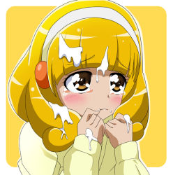 Rule 34 | 10s, 1girl, :t, blonde hair, blush, chocolate, kise yayoi, precure, sexually suggestive, smile precure!, solo, tears, third love, white chocolate, yellow eyes