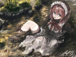 Rule 34 | 1girl, apron, black dress, blue eyes, bow, bowtie, dress, highres, hisui (tsukihime), koromoya, maid, maid apron, maid headdress, moss, nature, open mouth, outdoors, partially submerged, pond, reclining, red bow, red bowtie, red hair, ripples, rock, single bare leg, soaking feet, solo, sunlight, tsukihime, tsukihime (remake), twitter username, wet