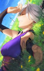 Rule 34 | 1girl, amino (tn7135), arm up, armpits, bird, closed eyes, cloud, day, earrings, fate/grand order, fate (series), flower, grass, grin, highres, japanese clothes, jewelry, lying, miyamoto musashi (fate), miyamoto musashi (first ascension) (fate), obi, planted, planted sword, planted weapon, sash, sky, smile, solo, sword, weapon