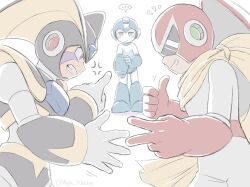 Rule 34 | ..., 3boys, android, annoyed, arm cannon, armor, assault visor, ayla kazemi, bass (mega man), black armor, black helmet, blue bodysuit, blue helmet, blush, bodysuit, commentary, english commentary, gloves, grey bodysuit, male focus, mega buster, mega man (character), mega man (classic), mega man (series), multiple boys, pointing, pointing at another, proto man, red gloves, red helmet, rock paper scissors, scarf, shield, shield on back, simple background, smirk, speech bubble, thumbs up, weapon, white background, yellow scarf