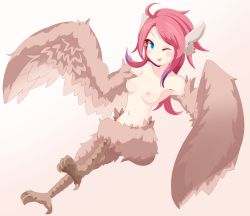 Rule 34 | 1girl, absurdres, ahoge, animal ears, animal feet, bird ears, bird legs, blue eyes, blush, breasts, brown feathers, brown wings, commentary request, earrings, feathered wings, feathers, harpy, reina (mon-musu quest!), highres, jewelry, long hair, medium breasts, mon-musu quest!, monster girl, navel, nipples, nude, one eye closed, philip (n1k2-j), pink hair, simple background, solo, tongue, tongue out, white background, winged arms, wings