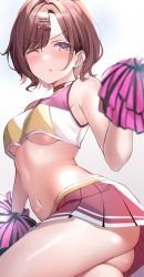 Rule 34 | 1girl, ;o, ass, bare shoulders, blush, breasts, brown hair, cheerleader, crop top, hair ornament, hairclip, highres, higuchi madoka, idolmaster, idolmaster shiny colors, looking at viewer, medium breasts, miniskirt, mole, mole under eye, navel, no panties, one eye closed, open mouth, pleated skirt, pom pom (cheerleading), purple eyes, red skirt, shiitake taishi, short hair, simple background, skirt, solo, sweat, swept bangs, underboob, upskirt, v-shaped eyebrows, white background