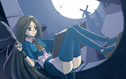 Rule 34 | 1girl, ass, black hair, blue eyes, book, castlevania (series), castlevania: portrait of ruin, charlotte aulin, dress, feathers, frills, ktl (kuoting), kuoting, long hair, mary janes, moon, night, shoes, sitting, solo, thighhighs, wristband