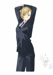 Rule 34 | !, 1girl, arms up, bad id, bad twitter id, black neckwear, blonde hair, breasts, chibi, dirty, dirty face, elena (ff7), final fantasy, final fantasy vii, final fantasy vii remake, formal, highres, multiple views, necktie, pant suit, pants, poi poifu, short hair, simple background, small breasts, suit, white background, yellow eyes
