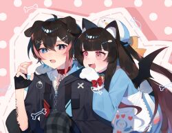 Rule 34 | 1boy, 1girl, ahoge, animal ear fluff, animal ears, animal hands, apron, arm tattoo, bat wings, bell, black hair, black jacket, black pants, black wings, blue dress, blue eyes, blunt bangs, blush, bow, cat ears, cat girl, chain, chain leash, checkered pants, collar, collared shirt, colored tips, commentary, commission, dog boy, dog ears, dress, earrings, fang, fingerless gloves, fingernails, floppy ears, gloves, hair between eyes, hair ornament, hairclip, hand on another&#039;s shoulder, hand up, highres, jacket, jewelry, jingle bell, leash, long hair, long sleeves, looking at another, medium hair, mizumi zumi, multicolored hair, neck bell, open mouth, original, pants, paw gloves, pink eyes, pink hair, puffy long sleeves, puffy sleeves, red bow, red collar, shirt, sidelocks, skeb commission, skin fang, smile, symbol-shaped pupils, tattoo, very long hair, white apron, white gloves, white shirt, wide sleeves, wings, x-shaped pupils