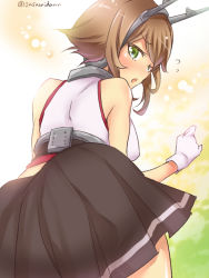 Rule 34 | 10s, 1girl, ass, brown hair, from behind, gloves, green eyes, hairband, kantai collection, looking at viewer, mutsu (kancolle), open mouth, sasachin (k+w), short hair, solo, sweatdrop