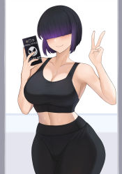Rule 34 | 1girl, aori sora, black hair, black pants, black shirt, blunt bangs, blush, breasts, cellphone, cleavage, closed mouth, collarbone, commission, covered eyes, facing viewer, gradient hair, hands up, highres, holding, holding phone, large breasts, midriff, multicolored hair, original, pants, phone, purple hair, shirt, short hair, smartphone, smile, solo, tank top, two-tone hair, v
