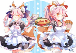 Rule 34 | 10s, 2girls, ;d, alternate costume, animal ears, animal hands, apron, bow, enmaided, fate/extra, fate/grand order, fate (series), food, fox ears, fox shadow puppet, gloves, hair bow, heart, highres, maid, maid apron, multiple girls, omelet, omurice, one eye closed, open mouth, paw gloves, pink hair, ponytail, puyue, smile, tamamo (fate), tamamo cat (fate), tamamo cat (second ascension) (fate), tamamo no mae (fate/extra), teapot, thighhighs, tray, two side up, white gloves, yellow eyes, zettai ryouiki