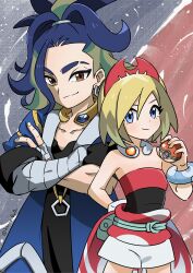 Rule 34 | 1boy, 1girl, absurdres, adaman (pokemon), arm wrap, blonde hair, blue coat, blue eyes, blue hair, brown eyes, closed mouth, coat, collar, commentary request, creatures (company), eyebrow cut, eyelashes, game freak, green bag, hairband, hand up, highres, holding, holding poke ball, irida (pokemon), kanno 0v0, looking at viewer, nintendo, open clothes, open coat, poke ball, poke ball (legends), pokemon, pokemon legends: arceus, ponytail, red hairband, sash, shirt, short shorts, shorts, smile, strapless, strapless shirt, twitter username, waist cape, white shorts