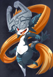 Rule 34 | 1girl, absurdly long hair, full body, helmet, hyrule warriors, long hair, low-tied long hair, midna, nintendo, open mouth, orange hair, outstretched arm, outstretched hand, pointy ears, red eyes, smile, solo, the legend of zelda, the legend of zelda: twilight princess, tongue, tongue out, ukan muri, very long hair