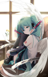 Rule 34 | 1girl, asahi kuroi, backlighting, black footwear, black skirt, black sleeves, blush, chair, commentary, feathered wings, feathers, flower, from side, green hair, hatsune miku, headset, high heels, highres, indoors, hugging own legs, long hair, looking at viewer, number tattoo, pleated skirt, shirt, shoulder tattoo, skirt, sleeveless, sleeveless shirt, smile, solo, tattoo, thighhighs, twintails, very long hair, vocaloid, white shirt, window, wings