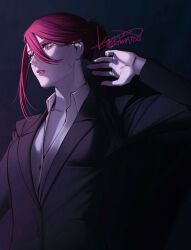 Rule 34 | 1girl, black background, black jacket, collared shirt, gradient background, hair between eyes, hand up, highres, jacket, kamato il, original, parted lips, red eyes, red hair, shadow, shirt, solo, upper body, white shirt