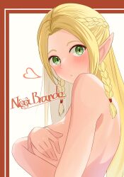 Rule 34 | 1girl, absurdres, armpits, artist name, artist request, back, blonde hair, blowing kiss, blush, border, braid, breasts, collarbone, completely nude, covering breasts, covering privates, dungeon meshi, elf, eyelashes, female focus, forehead, from side, green eyes, hair ornament, heart, highres, large breasts, long hair, looking at viewer, marcille donato, neck, no bra, nude, out-of-frame censoring, parted bangs, parted lips, pointy ears, red border, side braids, sideboob, sidelocks, signature, standing, topless, topless frame, unworn clothes, upper body