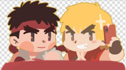 Rule 34 | 2boys, black hair, blonde hair, blush stickers, chibi, flat color, forked eyebrows, grin, headband, holding, holding phone, ken masters, lowres, male focus, multiple boys, phone, ryu (street fighter), selfie, short hair, smile, street fighter, thick eyebrows, upper body, yuiofire