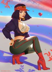 Rule 34 | 1girl, alternate hairstyle, autumn, bad id, bad pixiv id, balloon, black hair, boots, breasts, casual, commentary, commission, criss-cross halter, crop top, dark-skinned female, dark skin, day, english commentary, eye of horus, eyeliner, facial tattoo, hair tubes, halterneck, hand on own hip, heart balloon, high heel boots, high heels, lace trim, large breasts, lipstick, looking at viewer, makeup, midriff, nose, overwatch, overwatch 1, pants, pharah (overwatch), red eyes, red footwear, revealing clothes, solo, squatting, tatti art, tattoo, unzipped, visor cap, yoga pants