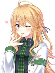 Rule 34 | 1girl, ;p, ahoge, armband, black shirt, blonde hair, blue eyes, blush, bow, braid, breasts, collared shirt, commentary request, green necktie, hair between eyes, hair bow, hair ornament, hanazome dotera, hand up, heart, jacket, long hair, long sleeves, looking at viewer, nail polish, necktie, nijisanji, one eye closed, one side up, open clothes, open jacket, pink nails, plaid necktie, plaid neckwear, shirt, simple background, small breasts, solo, striped, striped bow, todo kohaku, todo kohaku (1st costume), tongue, tongue out, upper body, very long hair, virtual youtuber, white background, white jacket