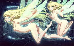 Rule 34 | 1girl, 2girls, barefoot, blonde hair, breasts, fairy, fairy wings, feet, flying, green eyes, highres, long hair, md5 mismatch, mini person, minigirl, monster girl, multiple girls, nature, navel, nipples, nude, original, perky breasts, pointy ears, small breasts, tree, wings, youbou