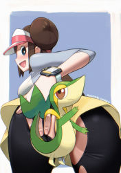 Rule 34 | 1girl, :d, bent over, black pantyhose, blue eyes, blush, breasts, brown hair, censored, commentary request, creatures (company), game freak, gen 5 pokemon, long hair, looking at viewer, looking back, nintendo, novelty censor, open mouth, pantyhose, pantyhose under shorts, pokemon, pokemon (creature), pokemon bw2, raglan sleeves, rosa (pokemon), ryuntack, shirt, short shorts, shorts, smile, snivy, torn clothes, torn legwear, visor cap, yellow shorts