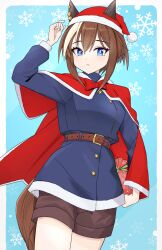 Rule 34 | 1girl, absurdres, alternate headwear, animal ears, belt, black shorts, blue background, blue eyes, blue jacket, bright pupils, brown belt, brown hair, cape, capelet, cheval grand (umamusume), christmas, closed mouth, commentary, cowboy shot, ear piercing, fur-trimmed cape, fur-trimmed jacket, fur trim, gift, hat, highres, holding, holding gift, horse ears, horse girl, horse tail, jacket, light frown, long sleeves, looking at viewer, multicolored hair, piercing, red capelet, red hat, santa hat, short hair, short shorts, shorts, snowflakes, solo, streaked hair, tail, takusijun77, umamusume, white hair, white pupils