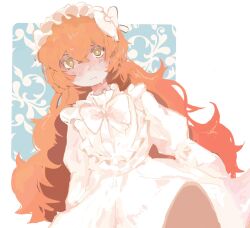 Rule 34 | 1girl, blush, bow, closed mouth, cowboy shot, dress, enaxtro, green eyes, hair bow, hairband, highres, ishmael (project moon), limbus company, lolita hairband, long hair, looking at viewer, orange hair, project moon, simple background, solo, sweat, very long hair, white background, white bow, white dress, white headwear