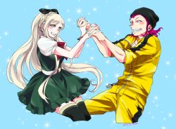 Rule 34 | 1boy, 1girl, beanie, black bow, black headwear, black thighhighs, bow, bracelet, braid, collarbone, danganronpa (series), danganronpa 2: goodbye despair, den1208, dress, from side, green background, green dress, grin, hair bow, hands up, hat, holding hands, jewelry, jumpsuit, puffy short sleeves, puffy sleeves, sharp teeth, shiny clothes, short sleeves, smile, sonia nevermind, soda kazuichi, sparkle, teeth, thighhighs, yellow jumpsuit